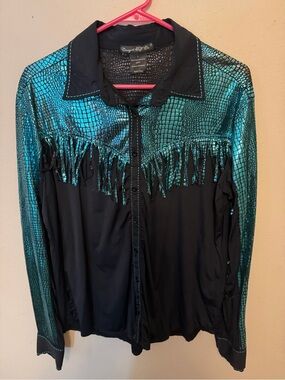 Cowgirl Tuff Teal Metallic Fringe shirt